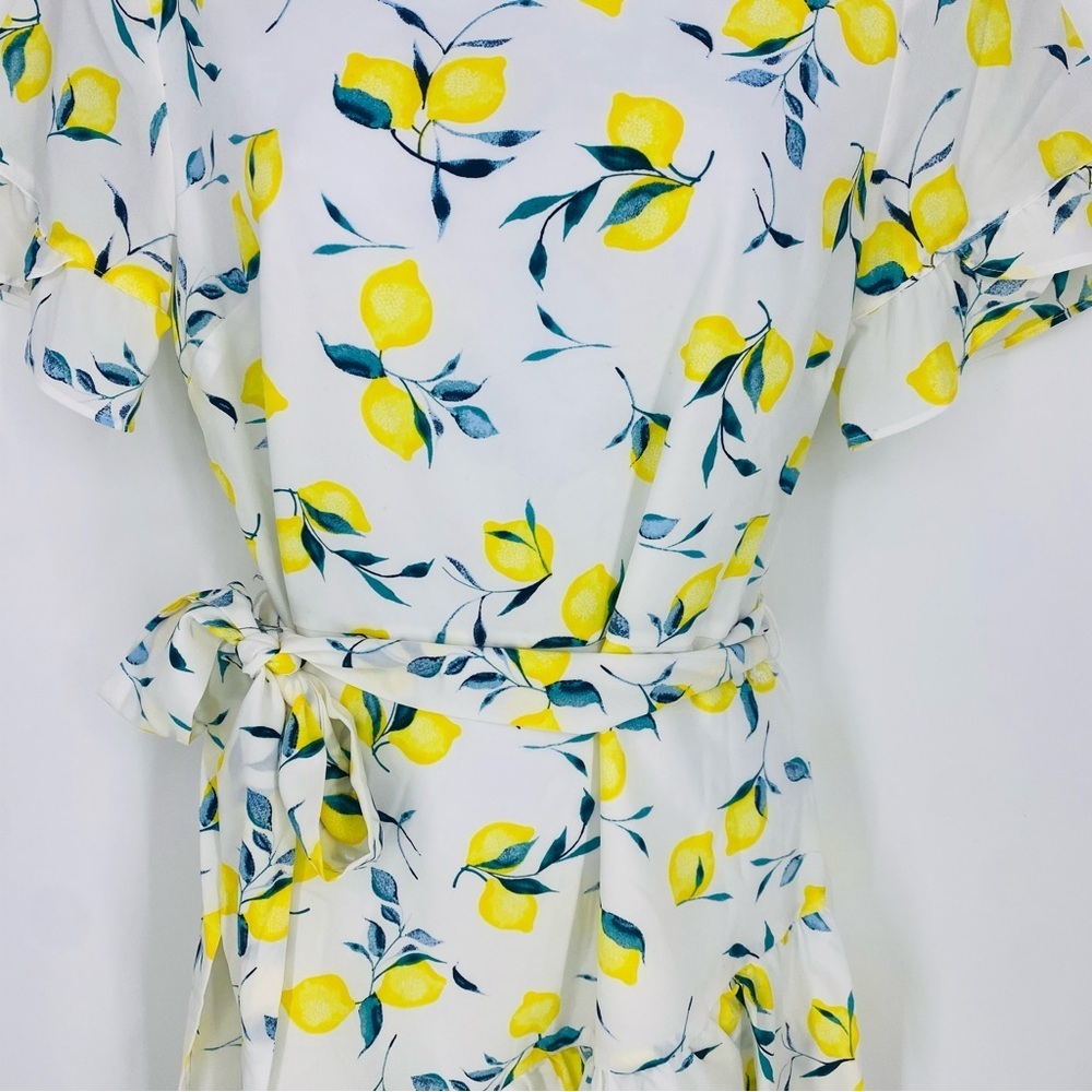 Banana Republic Lemon Print Frill Fit-and-Flare Ruffle Dress Size 4 Tie Waist - Picture 3 of 8
